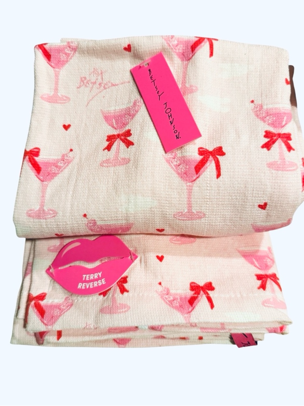 Betsey Johnson Pink & Red Cocktail Glass Terry Towels (Set of 2) NWT